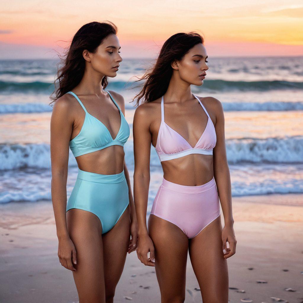 An ethereal beach scene showcasing two women in stylish two-piece swimwear, their expressions conveying deep contemplation and emotional depth. The background features a tranquil ocean at sunset, symbolizing a blend of beauty and sadness. Delicate waves caress the shore, with soft pastel colors illuminating the sky. The swimwear designs are unique and artistic, seamlessly merging fashion with emotion. surreal, vibrant colors, soft focus.