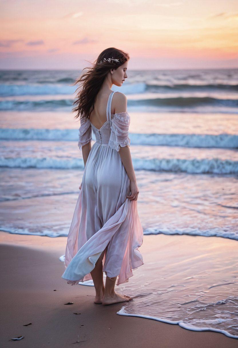 A moody beach scene at sunrise, featuring a melancholic figure dressed in elegant, flowing beachwear that contrasts with the serene ocean waves and gentle pastel skies. Delicate seashells and wisps of seaweed float nearby, enhancing the emotional depth. Soft focus on the figure, with hints of joy in the attire celebrating beauty amidst sorrow. artistic photography. soft pastel colors. ethereal atmosphere.